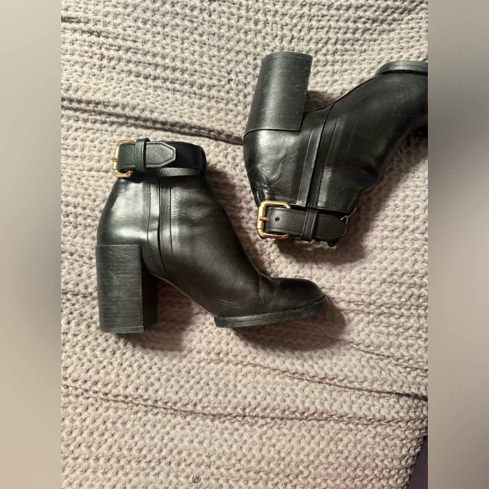& Other Stories 7 Black Ankle Boots Buckle Stacked Heel Leather Italy